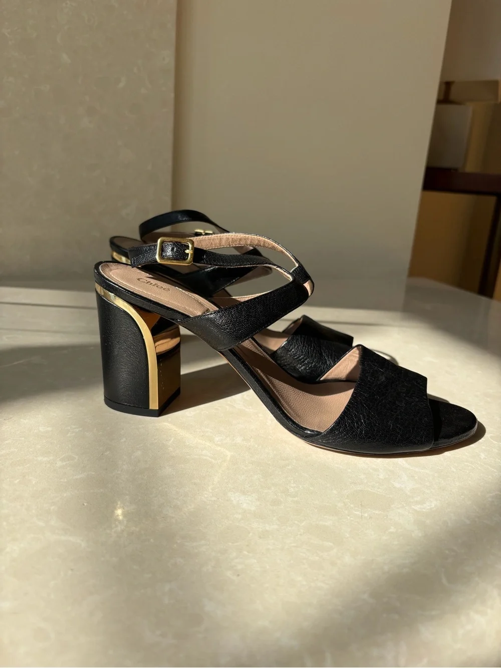Chloe Black Sandal Heels with Gold Accent